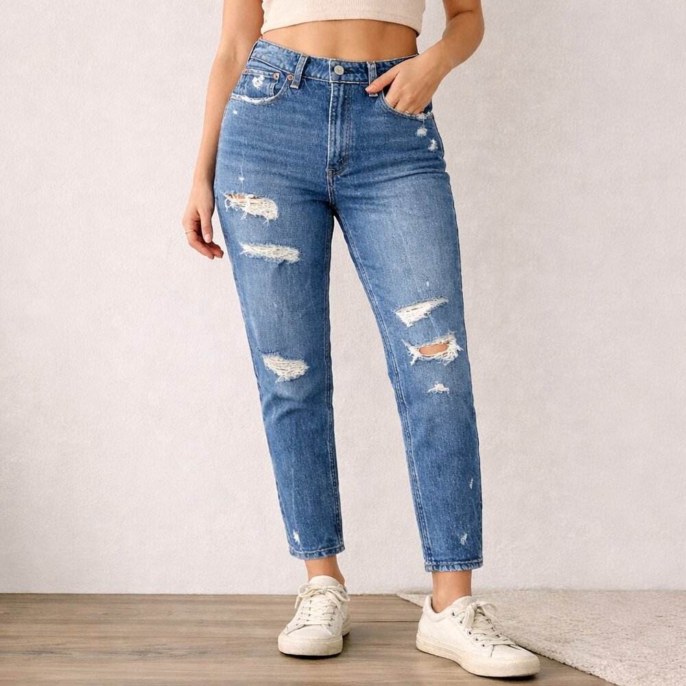 Abercrombie & Fitch Curve Love High Rise Mom Distressed Jean Vintage Blue 27